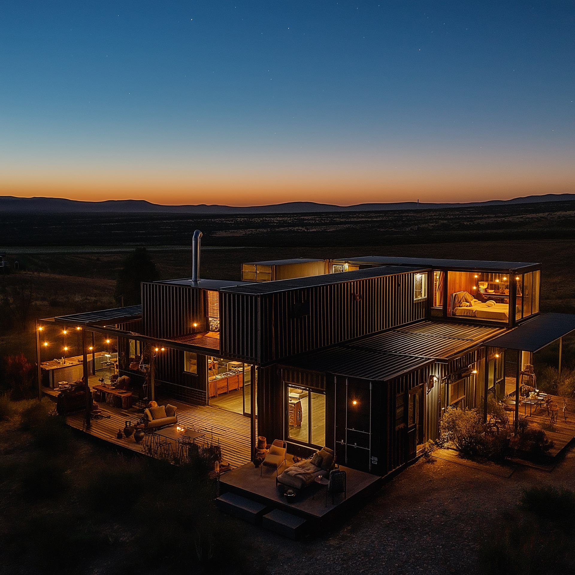 A shipping-container co-living space glowing at dusk in the desert