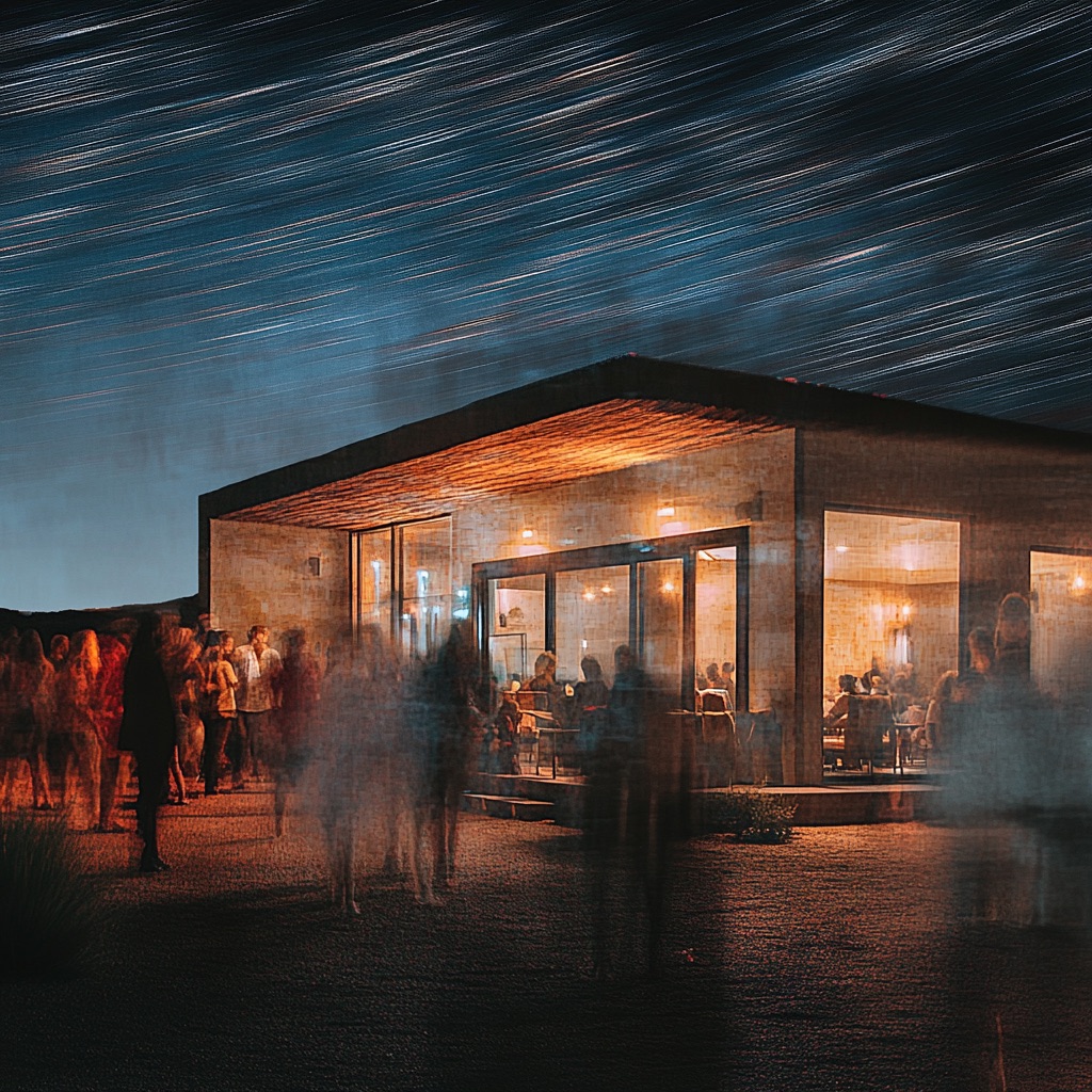 A crowd in motion at a party outside a lit-up building